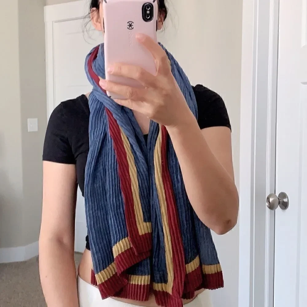 Colorblock Handmade Vintage Style Large Size Shawl/Wrap With Pleated Textured